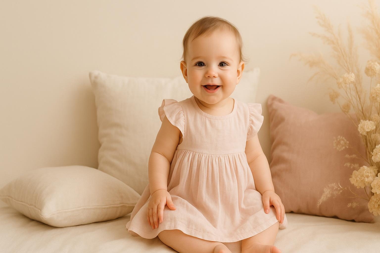 Baby girl in a blush pink dress surrounded by soft cushions