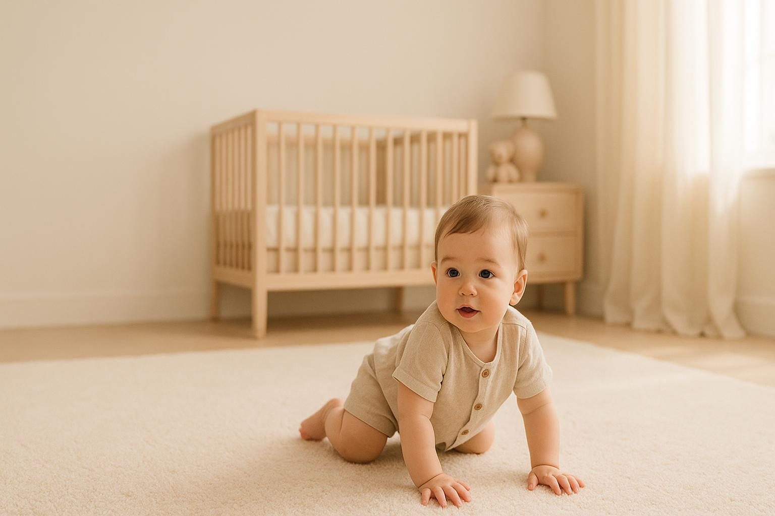 Baby boy in a beige linen outfit crawling on a cream rug