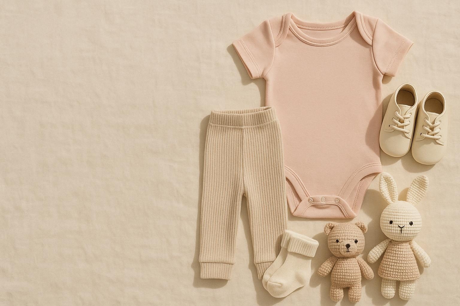 Flat lay of pastel baby clothes, shoes and knitted toys