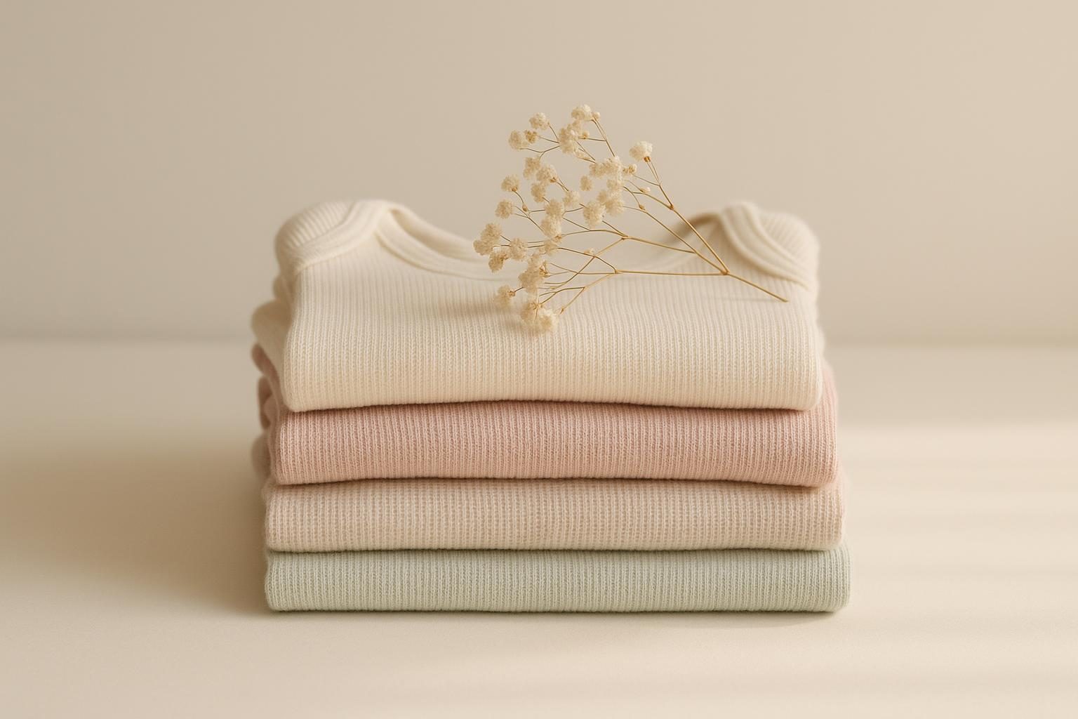 Folded pastel baby clothes with dried flowers