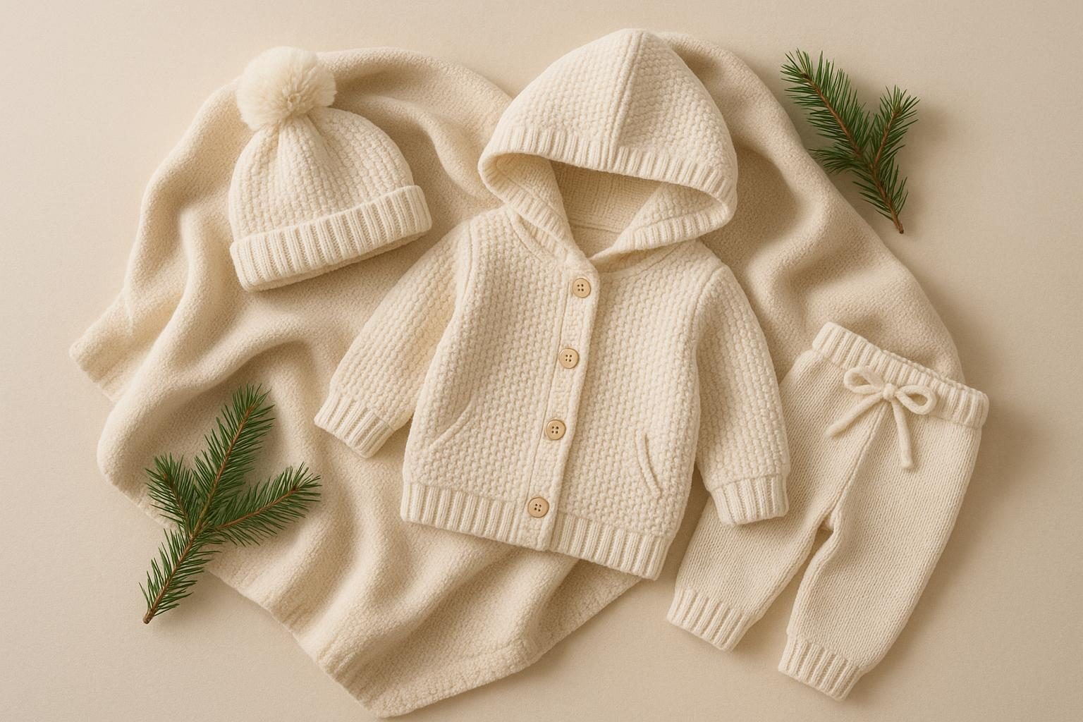 Baby wrapped in a cream knitted cardigan and matching cap