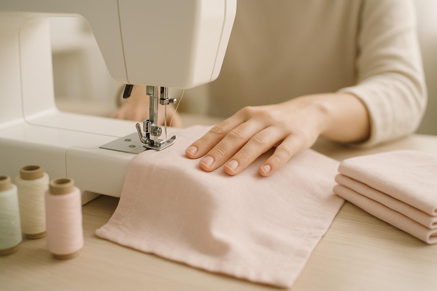 A tailor guiding pale pink cotton through a sewing machine at the AV Fashion production unit