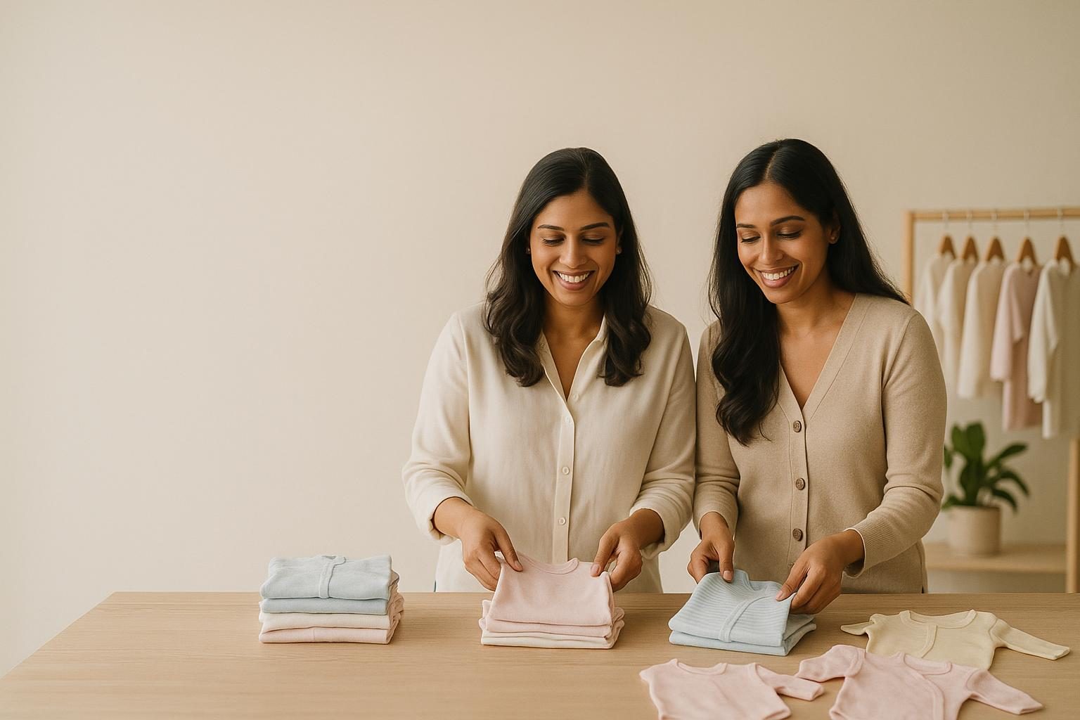 Nisha and Aditi folding freshly pressed baby dresses in the AV Fashion Bandra studio