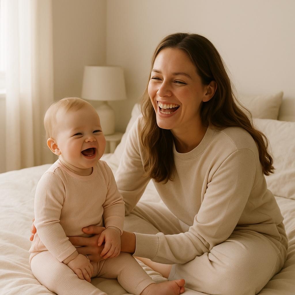 A mother and her baby laughing together in matching pastel outfits